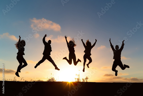 jumping people silhouettes  Boundless Joy  Friends Leaping in the Air  Silhouettes Focused on Joints and Connections - A Bronze Smilecore Moment of Emotional Impact  Against a Sundown
