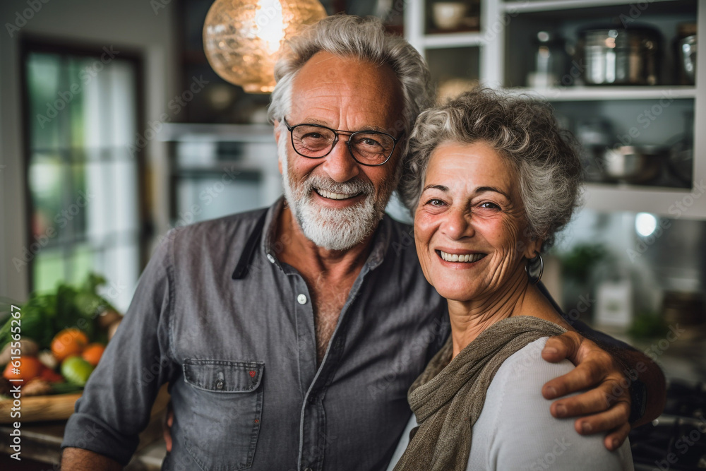 Retired couple hugging with a smile indoors. High quality photo Retired couple hugging with a smile indoors. High quality photo
