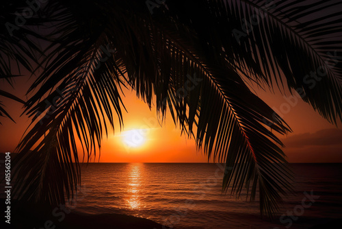 A Captivating Moment: A Photo-Realistic Landscape of the Sun Rising over a Palm Tree at Sunset. Romantic Seascapes and Detailed Foliage Convey the Serenity © Ben