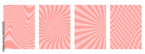 Hippie 60s 70s seamless patterns. Waves, swirl, checkerboard, chessboard, mesh backgrounds in retro style. Y2k aesthetic. Fashion design, textile, Groovy  pink fabric collection. 