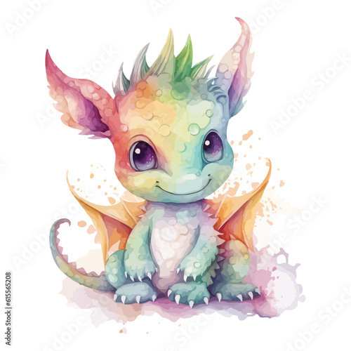 A baby dragon blowing bubbles watercolor