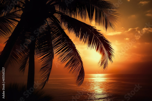 A Captivating Moment: A Photo-Realistic Landscape of the Sun Rising over a Palm Tree at Sunset. Romantic Seascapes and Detailed Foliage Convey the Serenity © Ben