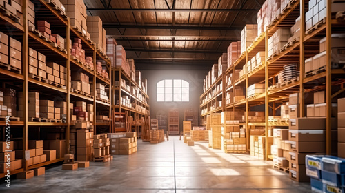 large warehouse with many boxes on shelves  Generative AI 