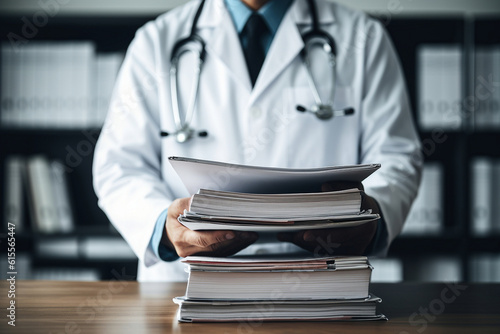 doctor in office holding medical records and files