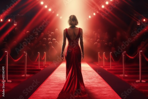 A back view of glamourous female celebrity posing for paparazzi pictures on the red carpet at an awards show. Generative Ai