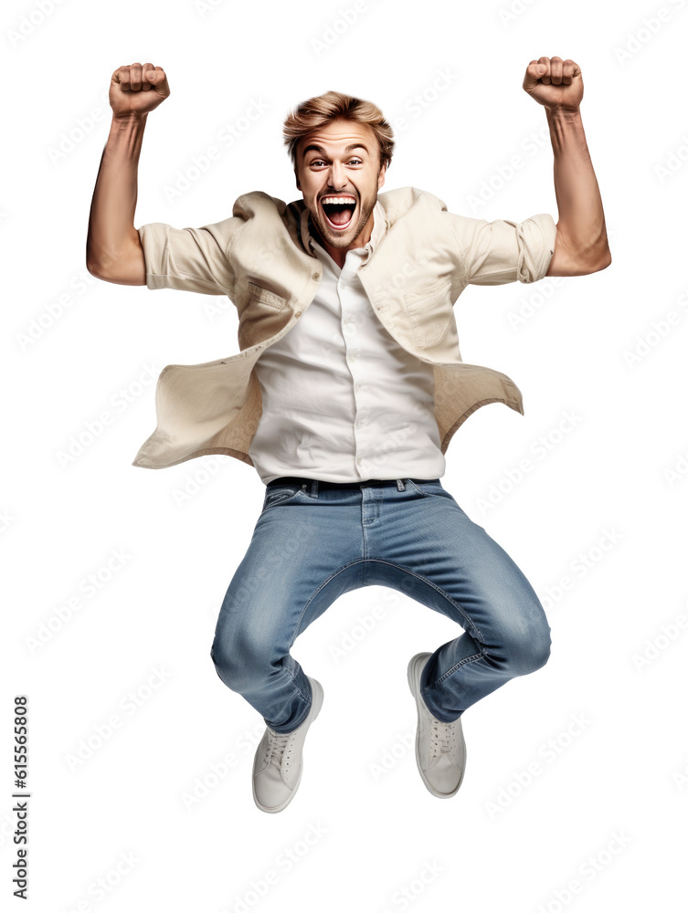 Handsome, attractive young man celebrating. Man isolated in transparent png. Full body, full lenght studio portrait of jumping man 