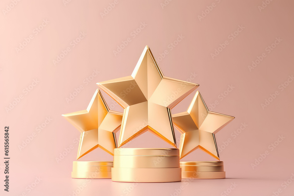 Three golden stars on stands, creative concept of best service and rating grades. Cute 3D icon in a cartoon plastic style in pastel colors. Generative AI 3d render illustration imitation. Three golden stars on stands, creative concept of best service and rating grades. Cute 3D icon in a cartoon plastic style in pastel colors. Generative AI 3d render illustration imitation.