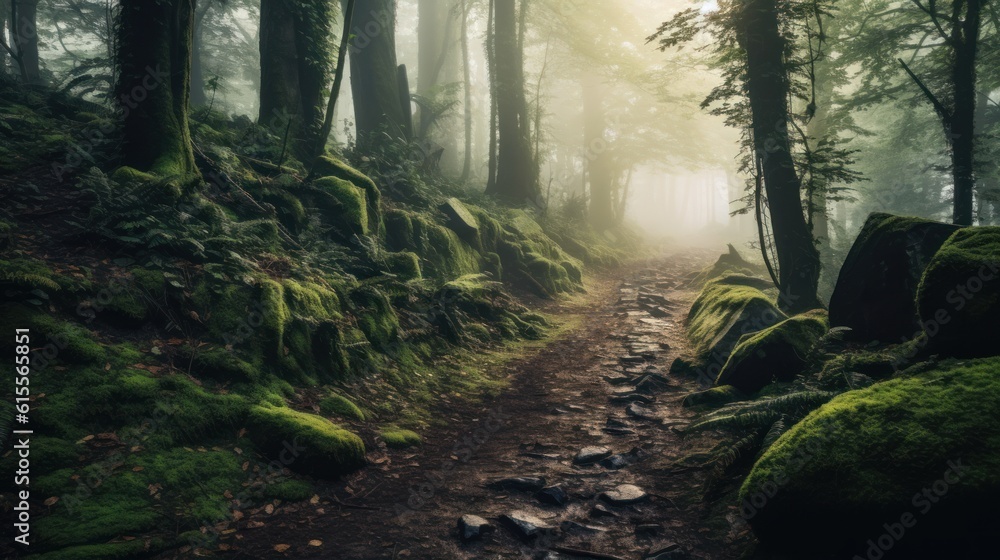 Fototapeta premium Enchanting Forest Path in Morning Mist. Generative AI