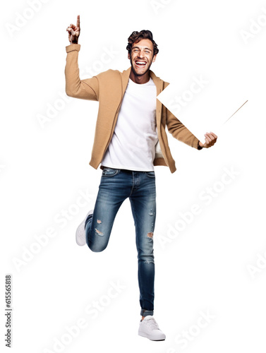 Handsome, attractive young man celebrating. Man isolated in transparent png. Full body, full lenght studio portrait of jumping man with white banner paper