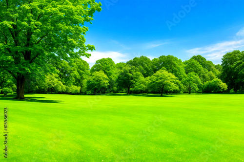 A lovely wide-format photograph of a country lawn framed by trees and bushes on a sunny summer day