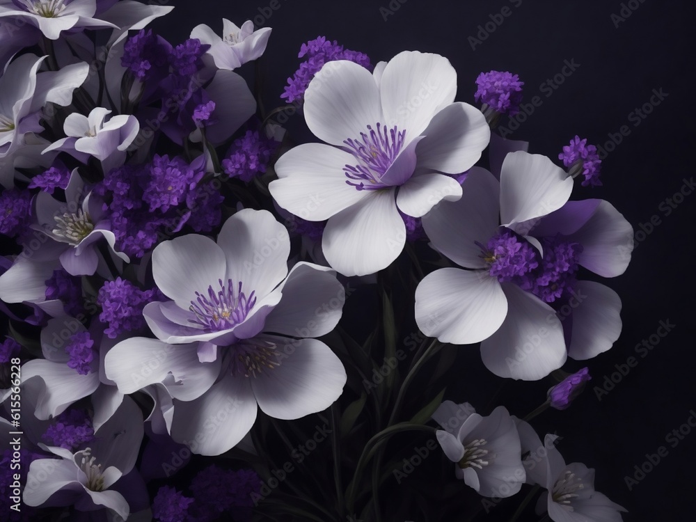 Dark background with purple and white flowers Dark background with purple and white flowers