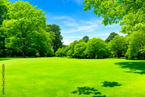 Beautiful wide-format image of a manicured country lawn on a sunny summer day
