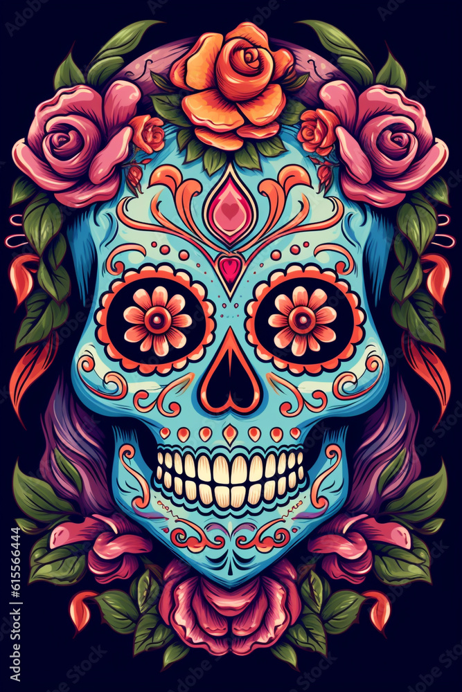 La Catrina dia de muertos Skull. Bemalter Schädel in blau / bunt. Tag der Toten in Mexico. Hochkant. Hochformat. Generative Ai.