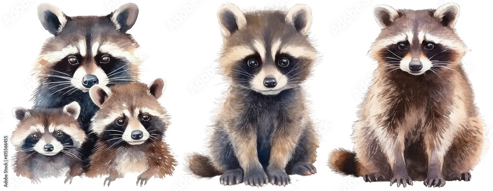 Watercolour illustration collection of three raccoons isolated on white background as transparent PNG, generative AI animal clipart bundle