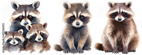 Watercolour illustration collection of three raccoons isolated on white background as transparent PNG, generative AI animal clipart bundle