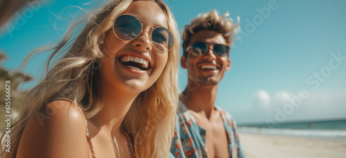 portrait of a young adult couple having good time on the beach. Image generative AI.