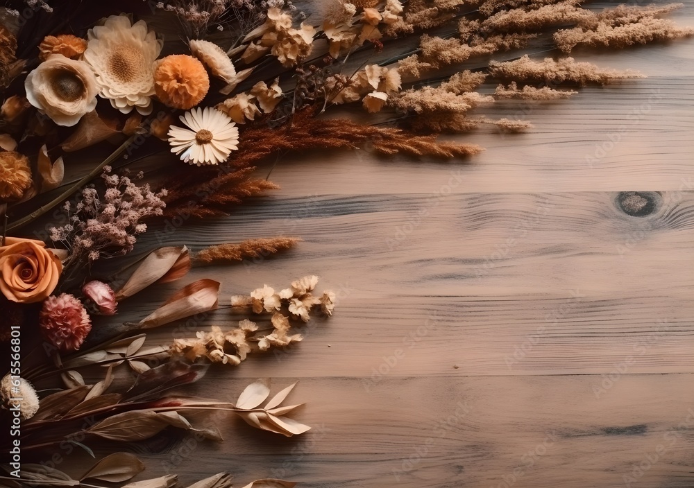 Dried flowers on the corner of the multiplex background. Created with Generative AI Technology Dried flowers on the corner of the multiplex background. Created with Generative AI Technology