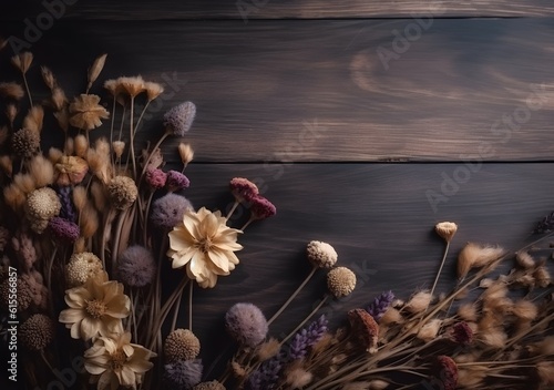 Dried flowers on the corner of the multiplex background. Created with Generative AI Technology photo