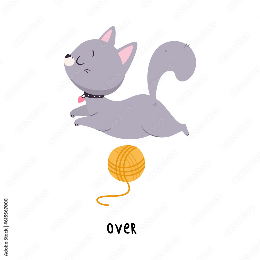 Little Grey Cat Jumping Over Yarn Ball as English Language Preposition for Educational Activity Vector Illustration Little Grey Cat Jumping Over Yarn Ball as English Language Preposition for Educational Activity Vector Illustration