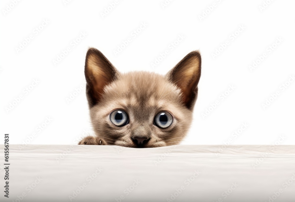 Adorable Abyssinian-Siamese Kitten Peeking Out from Behind White Table with Copy Space, Isolated on White Background. Generative AI.