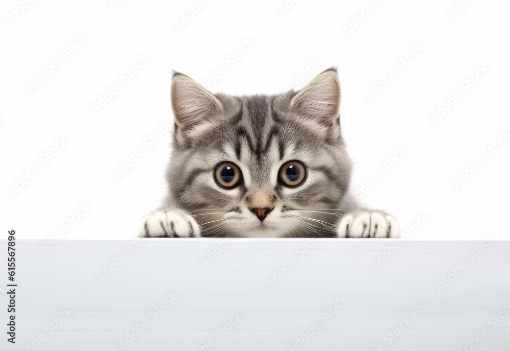 Adorable Australian Mist Kitten Peeking Out from Behind White Table with Copy Space, Isolated on White Background. Generative AI.