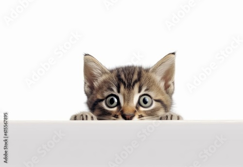 Adorable Australian Mist Kitten Peeking Out from Behind White Table with Copy Space, Isolated on White Background. Generative AI. © bomoge.pl
