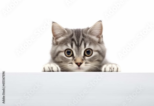 Adorable Australian Mist Kitten Peeking Out from Behind White Table with Copy Space, Isolated on White Background. Generative AI. © bomoge.pl