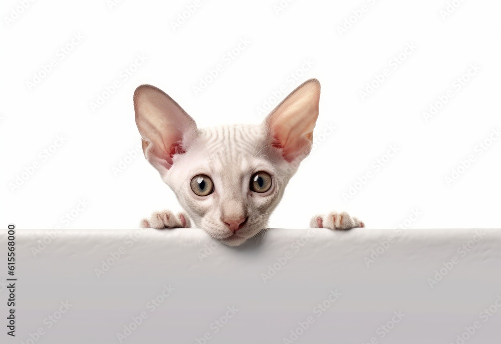 Adorable Cornish Rex Kitten Peeking Out from Behind White Table with Copy Space, Isolated on White Background. Generative AI.