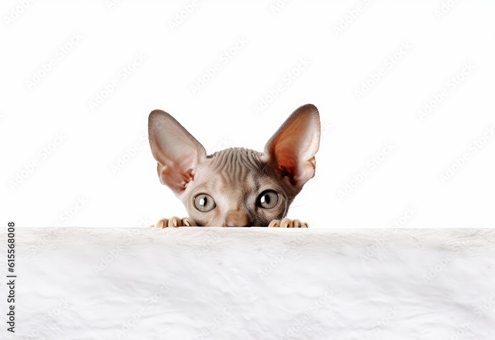 Adorable Cornish Rex-Devon Rex Kitten Peeking Out from Behind White Table with Copy Space, Isolated on White Background. Generative AI.