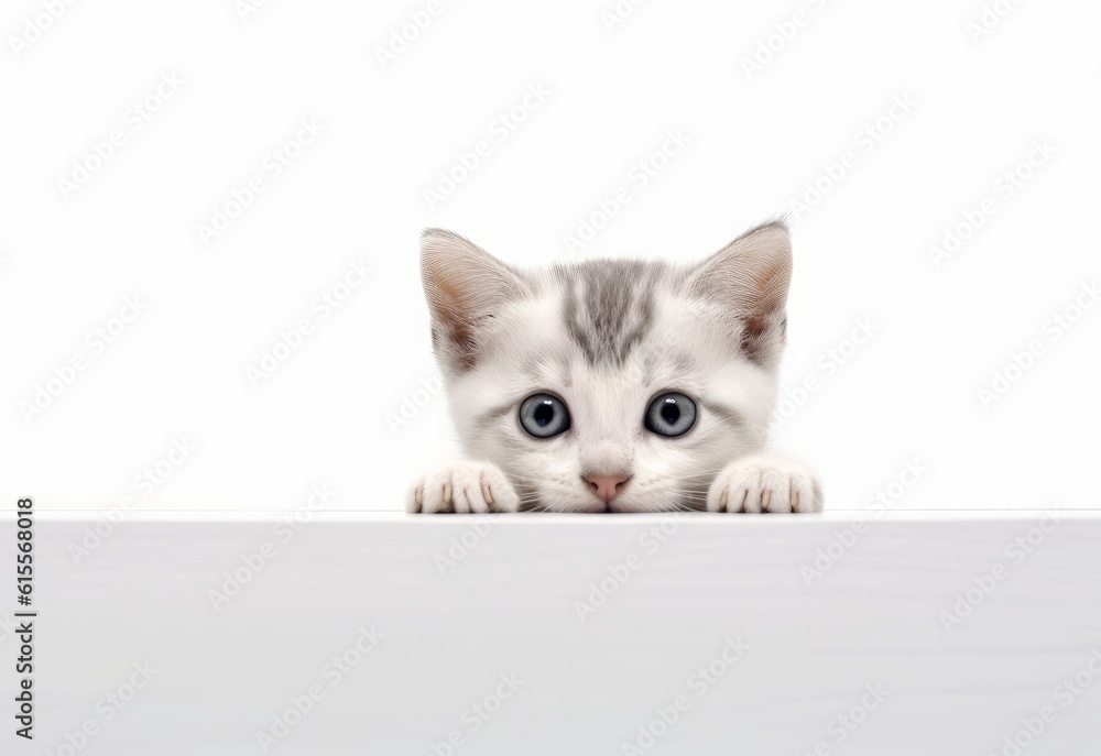 Adorable Colorpoint Shorthair Kitten Peeking Out from Behind White Table with Copy Space, Isolated on White Background. Generative AI.