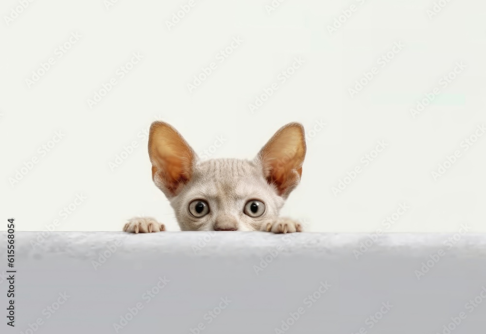 Adorable Devon Rex Kitten Peeking Out from Behind White Table with Copy Space, Isolated on White Background. Generative AI. Adorable Devon Rex Kitten Peeking Out from Behind White Table with Copy Space, Isolated on White Background. Generative AI.