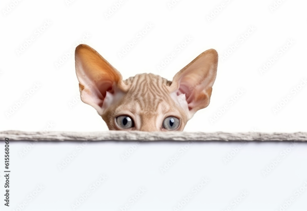 Adorable Devon Rex Kitten Peeking Out from Behind White Table with Copy Space, Isolated on White Background. Generative AI.