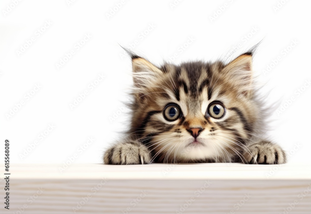 Adorable Domestic Longhair Kitten Peeking Out from Behind White Table with Copy Space, Isolated on White Background. Generative AI. Adorable Domestic Longhair Kitten Peeking Out from Behind White Table with Copy Space, Isolated on White Background. Generative AI.