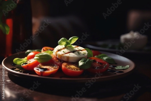 Caprese salad with juicy tomatoes and olive oil on a plate on a table in a restaurant. Generative AI