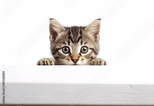 Adorable Domestic Shorthair Kitten Peeking Out from Behind White Table with Copy Space, Isolated on White Background. Generative AI.