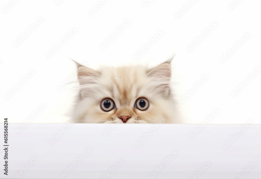 Adorable Himalayan Kitten Peeking Out from Behind White Table with Copy Space, Isolated on White Background. Generative AI.