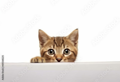 Adorable Havana Brown Kitten Peeking Out from Behind White Table with Copy Space, Isolated on White Background. Generative AI.