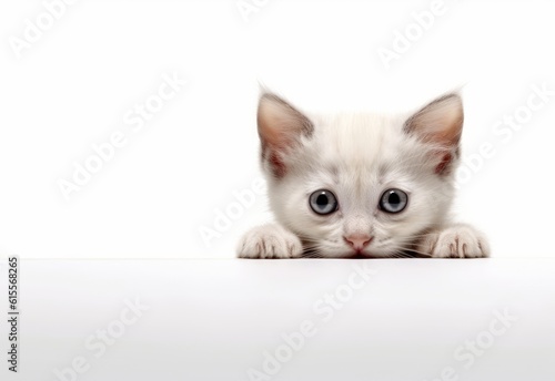 Adorable Japanese Bobtail-Balinese Kitten Peeking Out from Behind White Table with Copy Space, Isolated on White Background. Generative AI.