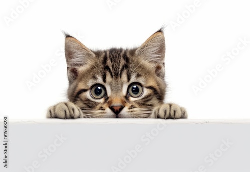 Adorable Javanese Kitten Peeking Out from Behind White Table with Copy Space, Isolated on White Background. Generative AI.
