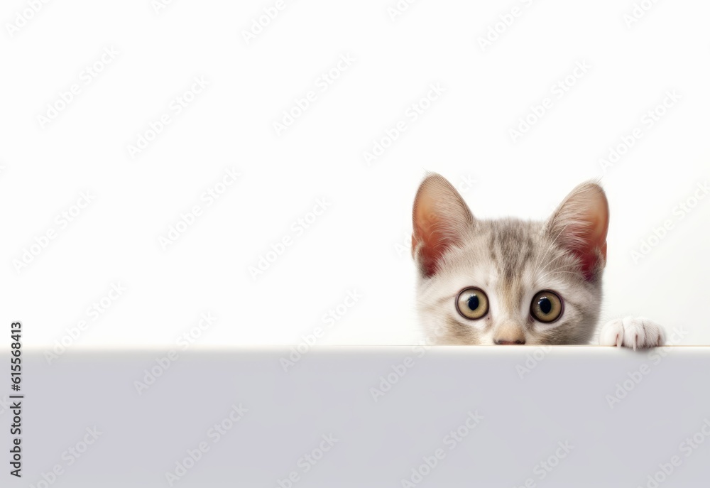 Adorable Oriental Kitten Peeking Out from Behind White Table with Copy Space, Isolated on White Background. Generative AI. Adorable Oriental Kitten Peeking Out from Behind White Table with Copy Space, Isolated on White Background. Generative AI.