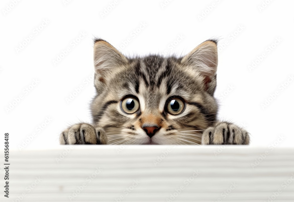 Adorable Persian Kitten Peeking Out from Behind White Table with Copy Space, Isolated on White Background. Generative AI.