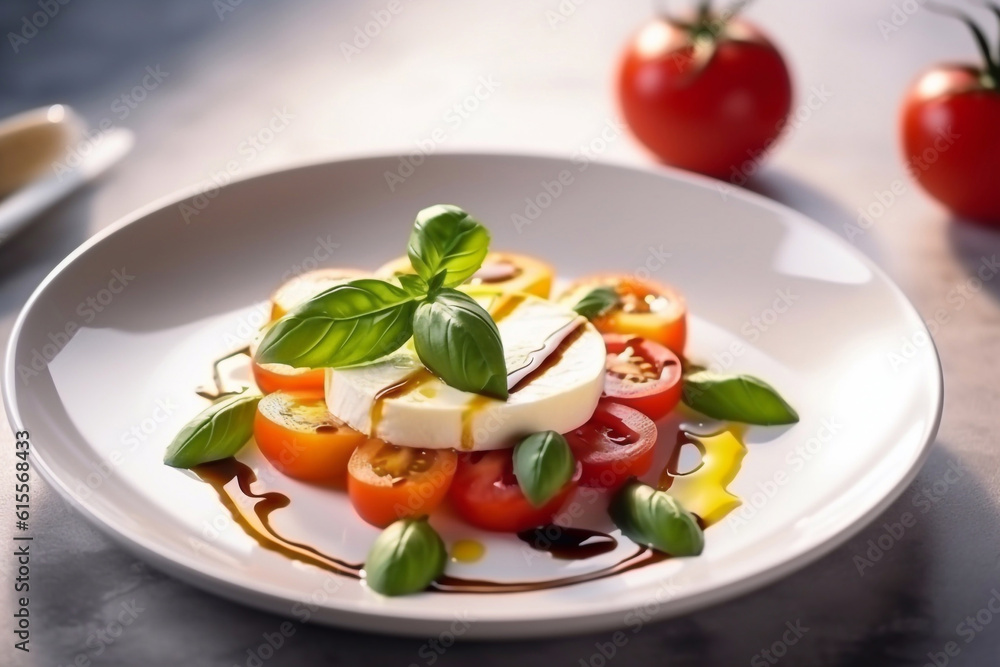 Caprese salad with juicy tomatoes and olive oil on a plate on a table in a restaurant. Generative AI Caprese salad with juicy tomatoes and olive oil on a plate on a table in a restaurant. Generative AI