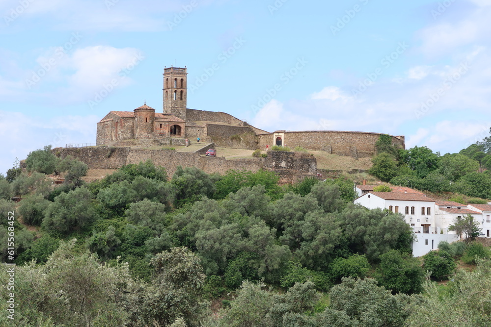 Almonaster la Real, Huelva, Spain, June 21, 2023: General view of the X century Mosque, medieval fortress and bullring of Almonaster la Real. Huelva, Spain