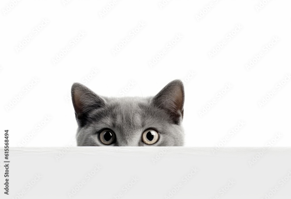 Adorable Russian Blue Kitten Peeking Out from Behind White Table with Copy Space, Isolated on White Background. Generative AI.