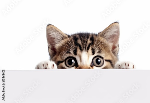 Adorable Oriental Bicolor Kitten Peeking Out from Behind White Table with Copy Space, Isolated on White Background. Generative AI.