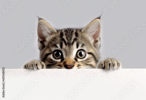 Adorable Pixie-bob Kitten Peeking Out from Behind White Table with Copy Space, Isolated on White Background. Generative AI.
