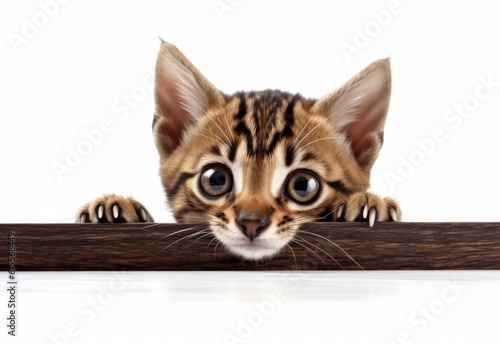Adorable Pixie-bob-Bengal Kitten Peeking Out from Behind White Table with Copy Space, Isolated on White Background. Generative AI.