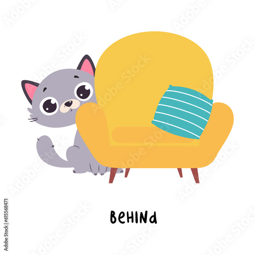 Little Grey Cat Sitting Behind Armchair as English Language Preposition for Educational Activity Vector Illustration