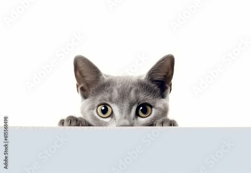 Adorable Russian Blue Kitten Peeking Out from Behind White Table with Copy Space, Isolated on White Background. Generative AI.