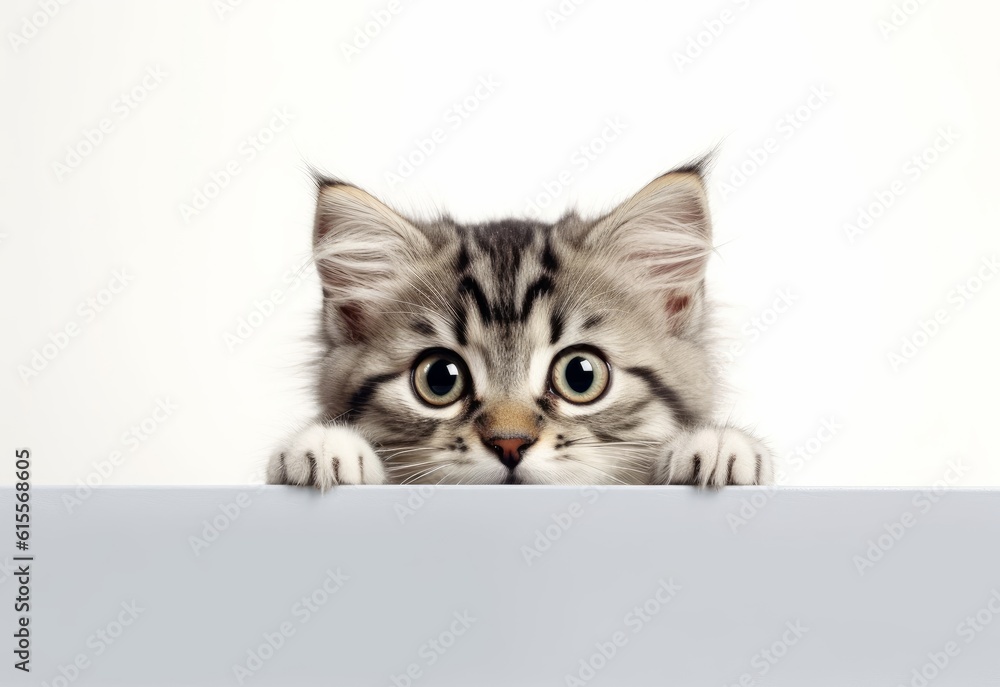 Adorable Siberian Kitten Peeking Out from Behind White Table with Copy Space, Isolated on White Background. Generative AI. Adorable Siberian Kitten Peeking Out from Behind White Table with Copy Space, Isolated on White Background. Generative AI.